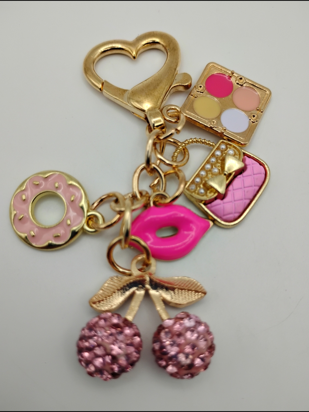 Gold-tone Pink Cherry & Charm Keychain with Lip and Donut Charms BNWOT - Picture 4 of 5
